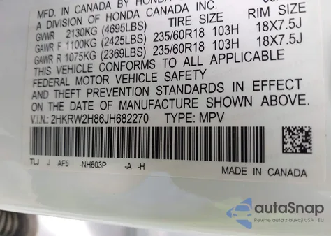 2018 Honda Cr-V Ex-L/Ex-L Navi из США, поврежденный, VIN 2HKRW2H86JH682270